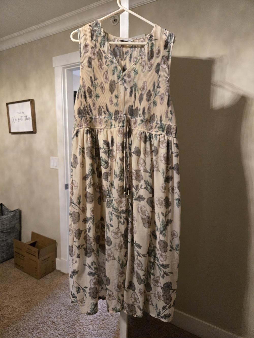 Dex Cream Floral Midi Dress with Green and Gray Print